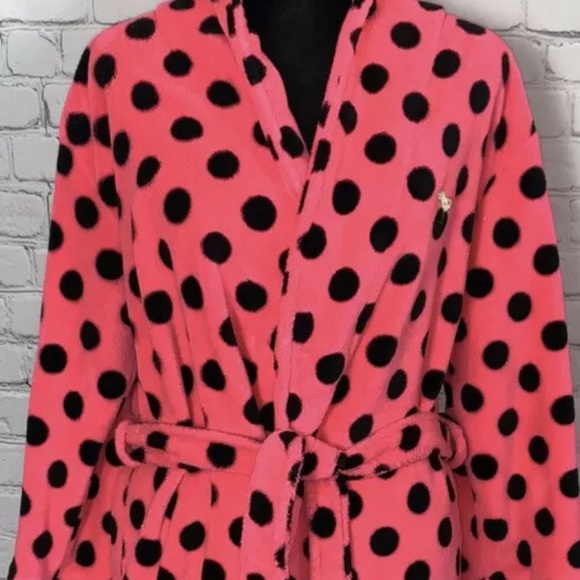 VICTORIAS SECRET Pink Robe POLKA DOT Pink Black  Size XS/S Plush Robe W/ Tie - Picture 2 of 4